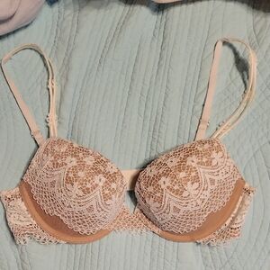 Victoria's Secret Beige Bra with White Lace Overlay